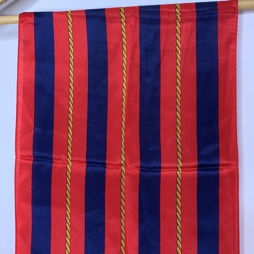Echo || Silk Nautical Red Blue Striped with Gold Rope Design Scarf 10 1/2” x 52”